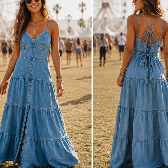 SHEIN Dresses & Skirts - Womens Medium Wash Tiered Denim Maxi Dress O-Ring Strappy Back Blue Size M